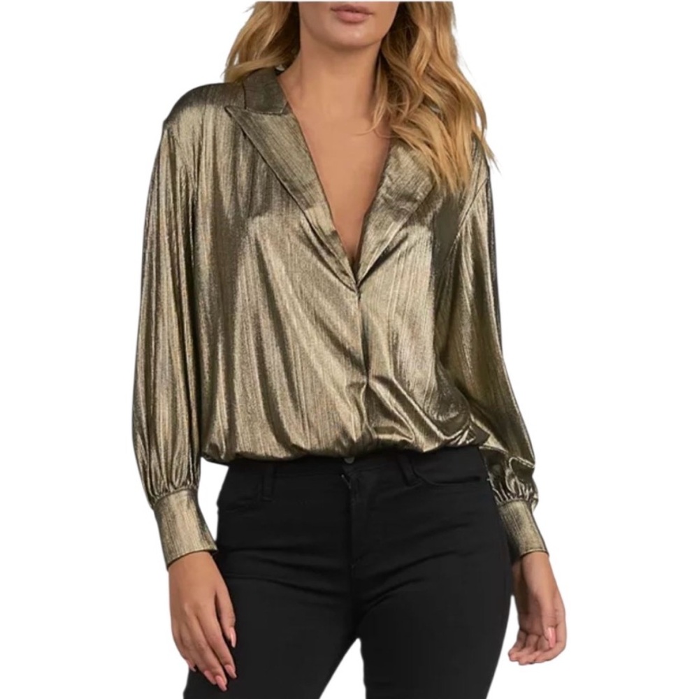 Elan Women’s Crossover Deep V-Neck Metallic Gold Padded Shoulder Long Sleeve Top